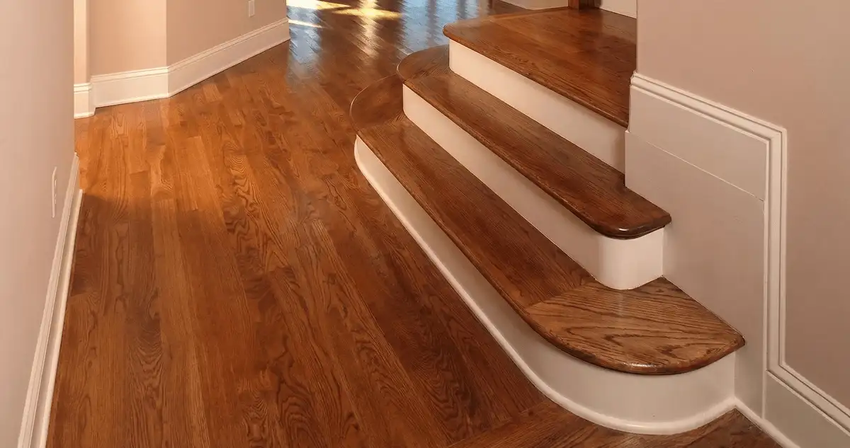 Base floor of a staircase with professionally restored wood flooring in Savannah GA
