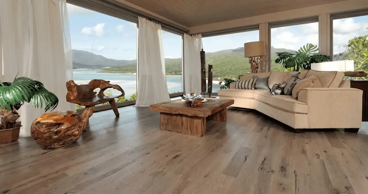 Professionally installed vinyl flooring in a modern living room with large windows in Savannah, GA